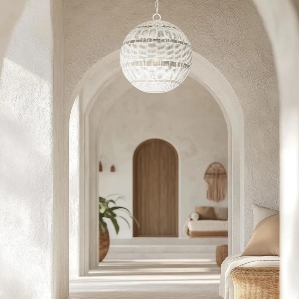 Kulista lampa wisząca Lindendale QZ-LINDENDALE-P-AWH okrągła rattan biały