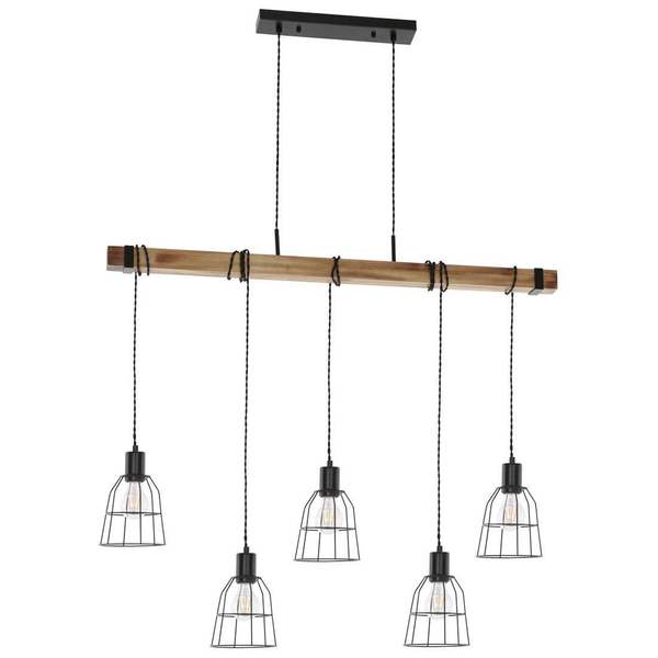 Indutrialna LAMPA wisząca PONTE PND-4290-5-L Italux metalowa OPRAWA druciane klatki zwis drewniana belka drewno czarna