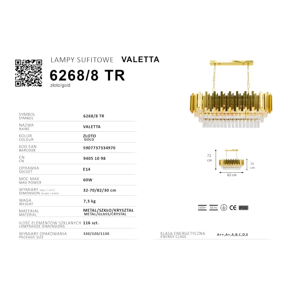 Lampa zwisająca na łańcuchu Valetta 6268/8 TR kryształowa złoty