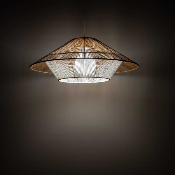 Lampa wisząca Japandi 11156 kapelusz krata drewniana metalowa biała