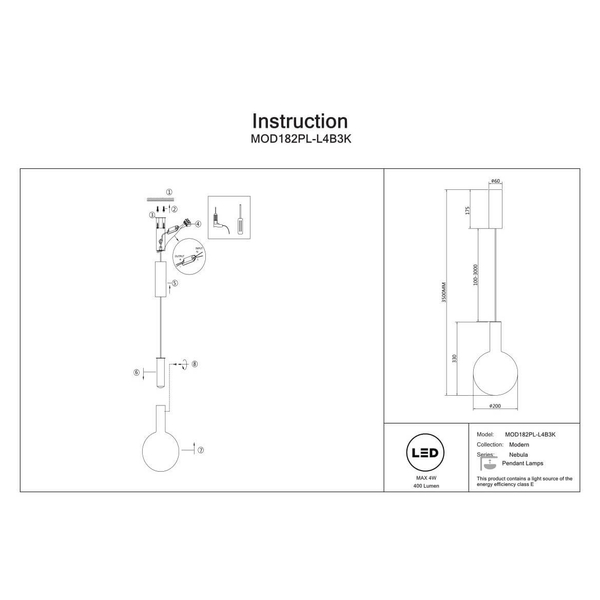 Lampa wisząca Nebula MOD182PL-L4B3K LED 4W 3000K czarna przydymiona