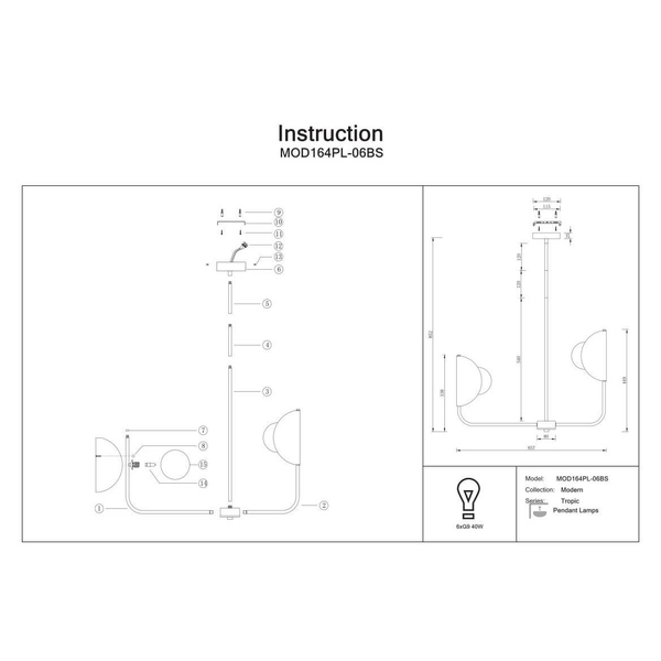 Lampa sufitowa salonowa Tropic MOD164PL-06BS dekoracyjna mosiądz biała