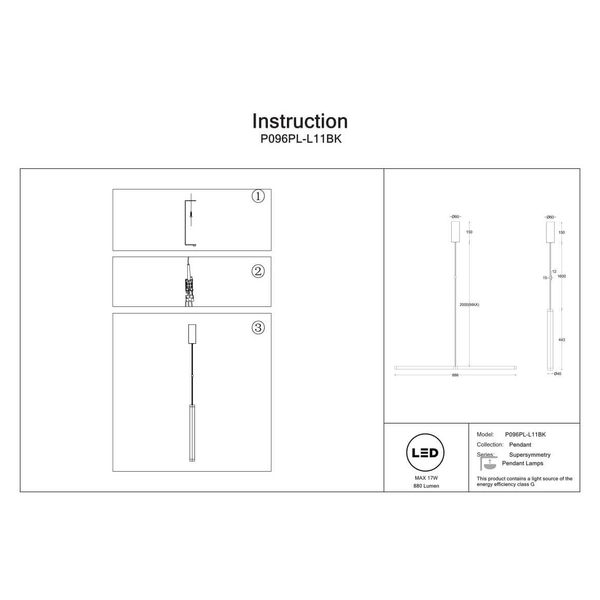 Lampa zawieszana Supersymmetry P096PL-L11BK LED 17W 4000K czarna-biała