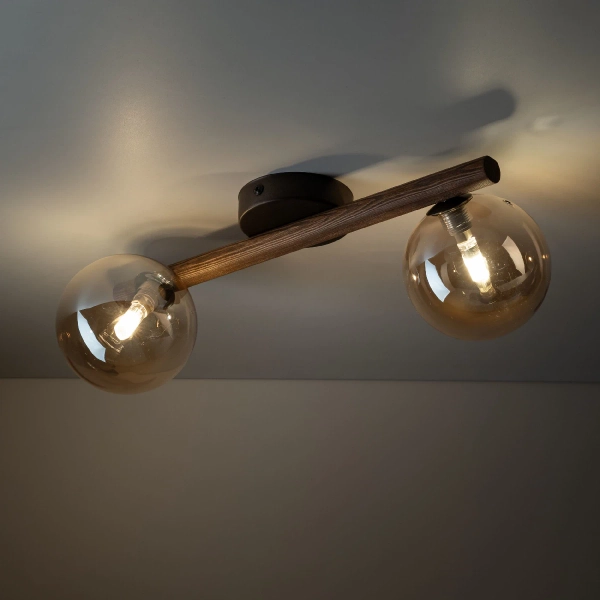 Kulista sufitowa lampa Estera Wood 11092 podwójna drewniana bursztynowa