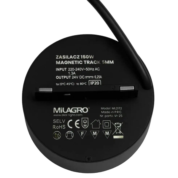Zasilacz do szyn magnetycznych 150W Magnetic Track ML2172 okrągły czarny
