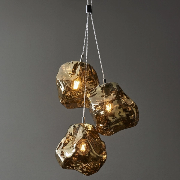 Szklana lampa wisząca Rock 97660 Endon potrójna kamienie złoty chrom