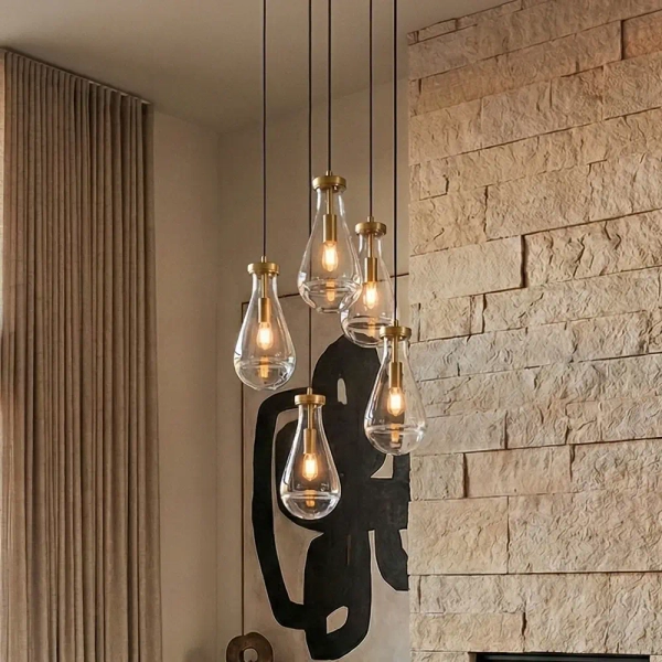 Lampa wisząca kropla art deco MEMPHIS mosiężna szklana metalowa E14 1-punktowa P01128BR