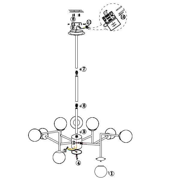 Modernistyczny zwis ERICH MOD221PL-12G Maytoni molekuły szklane kule białe mosiądz