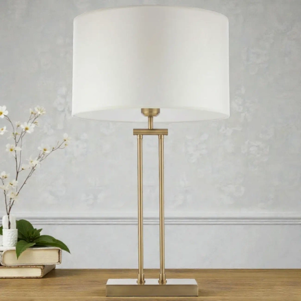 Abażurowa lampa stołowa ATHENS biała mosiężna metalowa art deco do gabinetu T01750BR-WH