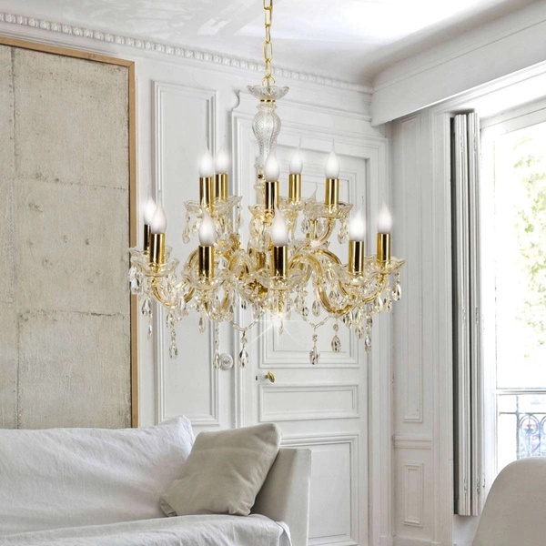 Pałacowa lampa wisząca MARIA TERESA 30-94608 świecznikowy kryształki złote