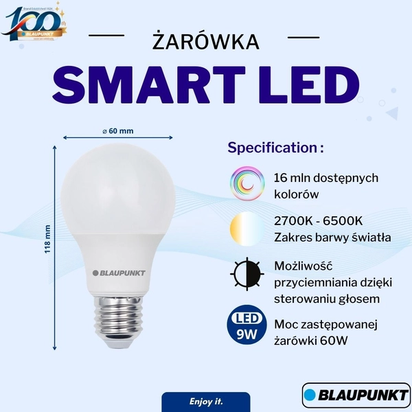 Żarówka Blaupunkt E27-9W-SMART LED 9W 3000K-6500K kolorowa