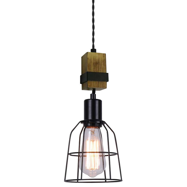 Industrialna LAMPA wisząca PONTE PND-4290-1-L Italux druciana OPRAWA metalowy zwis klatka drewno czarna