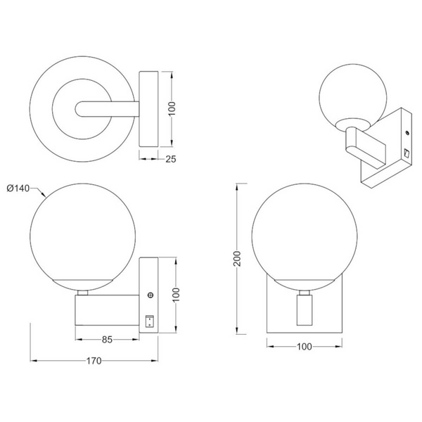 Naścienna lampa KULA 284270132 IP44 bubble szklana metalowa czarna biała
