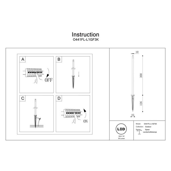 Lampa stojąca zewnętrzna Spear O441FL-L1GF3K Maytoni IP65 tuba grafitowa
