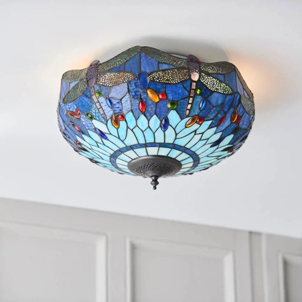 Szklana lampa sufitowa Dragonfly 70722 witrażowa do sypialni niebieska