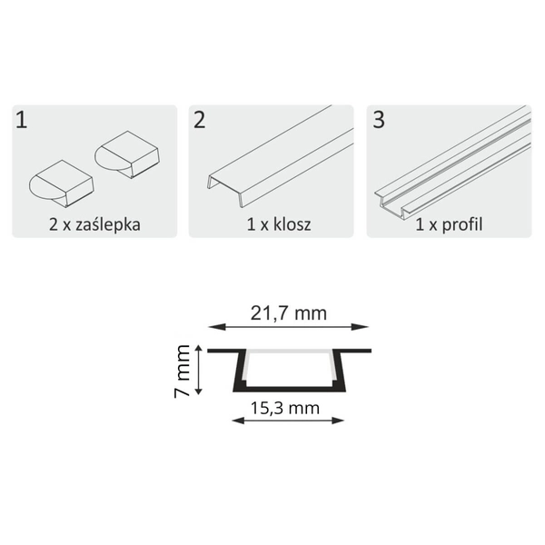 Zestaw profil podtynkowy do taśm LED 316059 + klosz 1m czarny biały