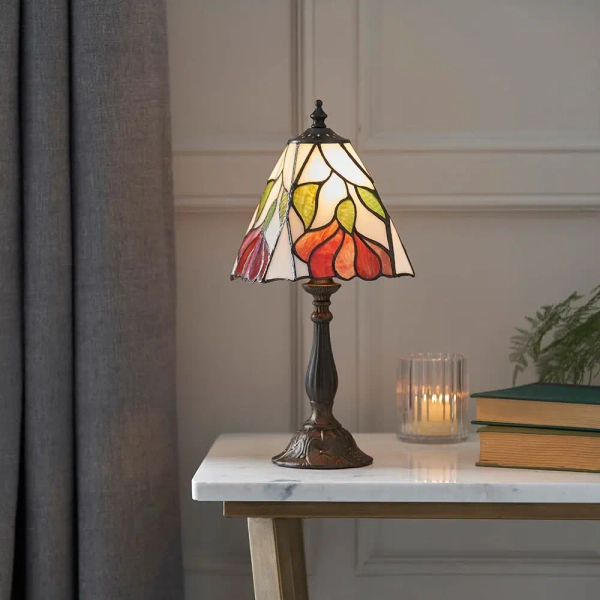 Stołowa lampka tiffany Botanica 63963 z wtyczką szklana brązowa kolorowa