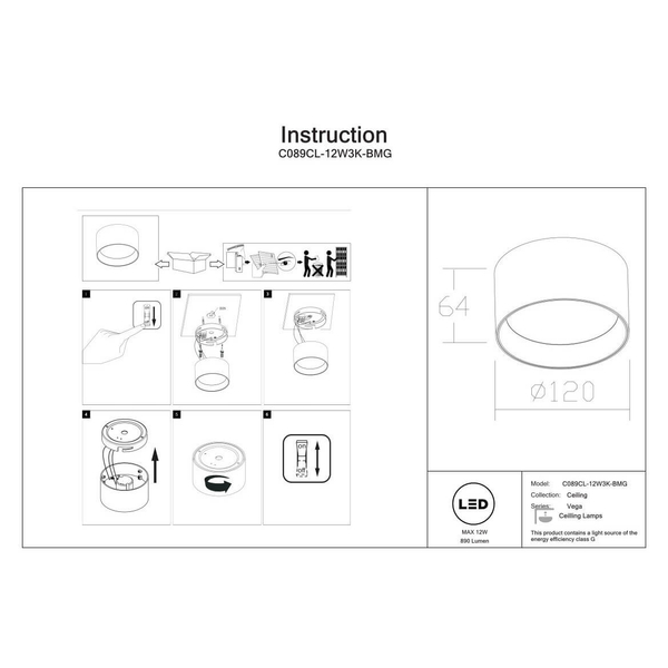 Nasufitowa lampa Vega C089CL-12W3K-BMG LED 12W 3000K okrągła czarna złota