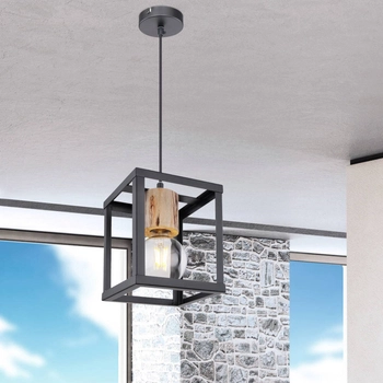 Wisząca LAMPA skandynawska HAGAR 15476H Globo metalowa OPRAWA prostokątny ZWIS klatka industrialna czarna drewniana czarna dre
