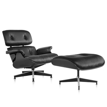 Czarny fotel szeroki Lounge ze skóry z podnóżkiem do pokoju